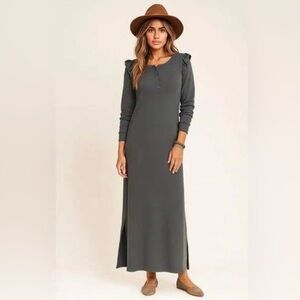 REVOLVE Z Supply NWT Ruffle Henley Maxi Dress Charcoal Gray Long Sleeve, Medium.